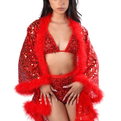 Sequin Fuzzy Kimono- Ruby Red